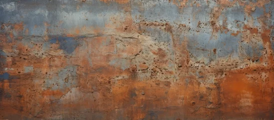 Zelfklevend Fotobehang A detailed closeup of a weathered, rusty metal surface resembling a painting in a natural landscape with brown soil, green grass, and water nearby © AkuAku