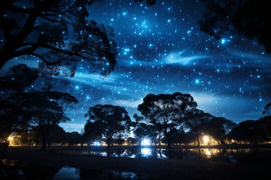 Starry night sky with trees in the foreground creating a serene atmosphere