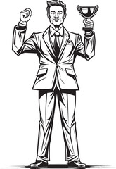 Executive Victory Trophy Holding Businessman Vector Black Logo Design Business Success Businessman with Trophy Vector Black Logo Icon