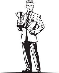Triumphant Success Businessman with Trophy Vector Black Logo Design Leadership Excellence Trophy Holding Businessman Vector Black Logo Icon