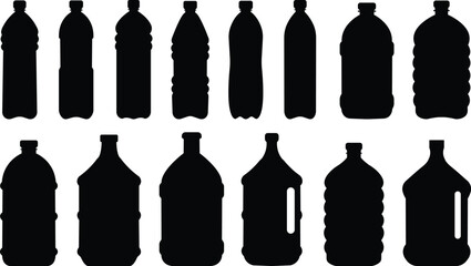 Plastic bottle black icon set. Vector flat style sign isolated on transparent background. Container water bottle for sport. Natural and healthy lifestyle concept water bottled container liquid