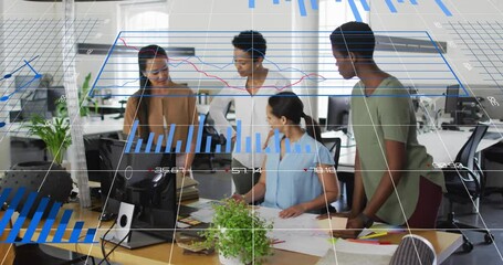 Animation of financial data processing over diverse colleagues having meeting in office - Powered by Adobe