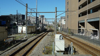 A railroad track divided into two paths in Japan