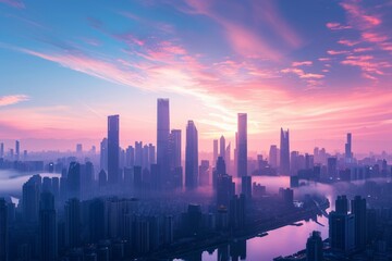 Dreamy cityscape at sunrise with silhouetted skyscrapers and vibrant pink and blue sky.