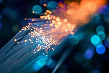 Abstract background of glowing fiber optic cables with bokeh lights.
