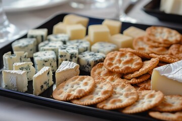 Assorted cheese platter with crackers on a black tray, ideal for appetizers or party snacks.