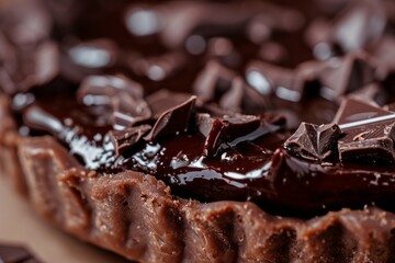 Close-up of a decadent chocolate tart with glossy ganache and chocolate pieces, perfect for dessert menus or sweet treat concepts.