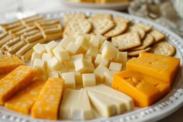 Assorted cheese and crackers on a plate, ideal for appetizers or party snacks.