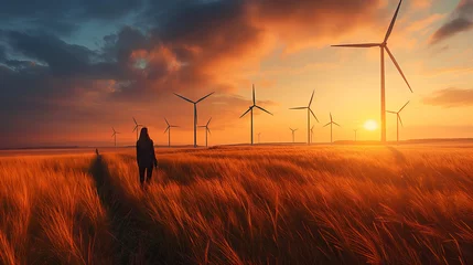 Poster A solitary figure contemplates the horizon, surrounded by wind turbines under a vibrant sunset. Innovative solutions to address climate change, such as renewable energy technologies © mikhailberkut