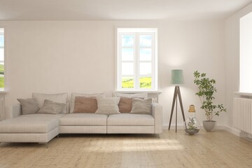 White living room with sofa and summer landscape in window. Scandinavian interior design. 3D illustration