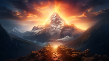 Heavenly sunrise over a majestic mountain peak a wide shot where freedom meets the sun