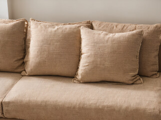 Close up of beige fabric sofa with terra cotta pillows. Boho style home interior design of modern...