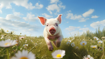 A pig revels in newfound freedom joyously sprinting across a lush meadow under a clear blue sky