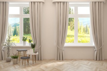 White empty room with summer landscape in window. Scandinavian interior design. 3D illustration