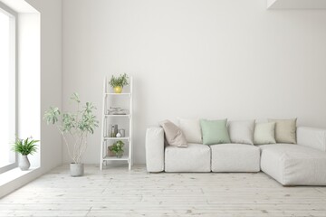 White living room with sofa. Scandinavian interior design. 3D illustration