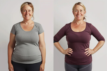 Middle aged overweight woman before and after slimming. Weight loss as a result of diet, liposuction, healthy lifestyle.
