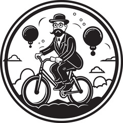 Pedal Explorer Cartoon Man on Bike Vector Emblem Design Cycling Journey Cartoon Man Riding Bike Black Icon Symbol