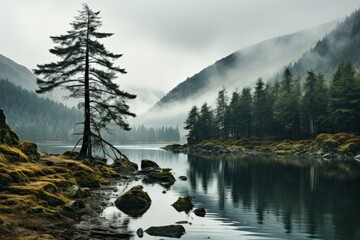 Lake surrounded by mountains and trees on a foggy day