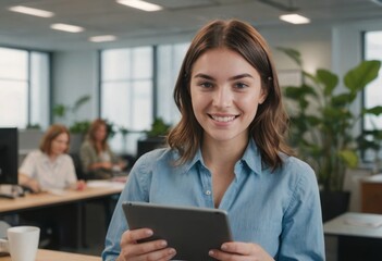 Fototapeta premium A young professional woman using a digital tablet in the office. Engaged and tech-savvy in a corporate setting.