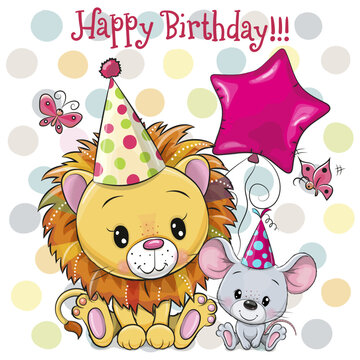 Birthday card with Cute Lion and mouse
