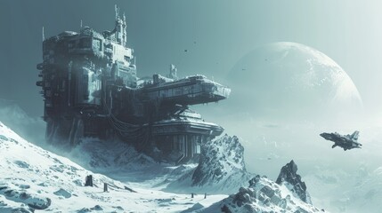 A futuristic space station sprawls across a harsh icy landscape, with a spacecraft approaching under the watchful gaze of a distant planet. Resplendent.