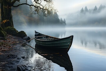 A boat drifts on a mistcovered lake, surrounded by serene natural landscape