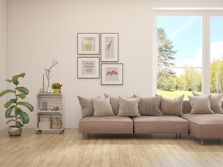 Contemporary classic white interior with furniture and decor and summer landscape in window. Scandinavian interior design. 3D illustration