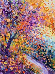 A painting depicting a lively tree covered in an array of colorful dots, creating a vibrant and dynamic visual display.