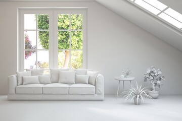 Grey living room concept with sofa and summer landscape in window. Scandinavian interior design. 3D illustration