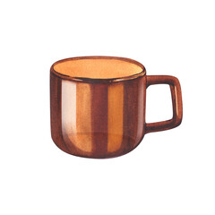 Orange modern porcelain mug, ceramic cup for coffee or tea.Watercolor hand-drawn illustration isolated on white background. Perfect for recipe lists with drinks, brochures for cafe.