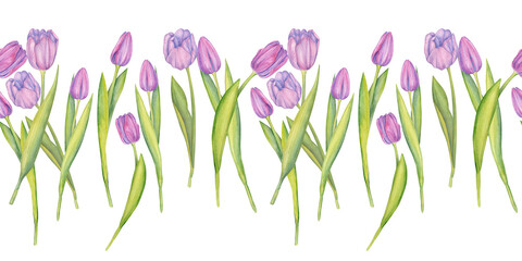 Seamless tulip border, floral frame. Spring flowers.
 Watercolor illustration. Easter card, wedding invitation, blog decoration. Pink flowers.