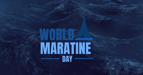 Animation of world maritime day text and icons over sea