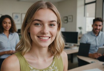 Obraz premium A young blonde woman looks at the camera with confidence, with coworkers in the background. The setting is a bright office environment.