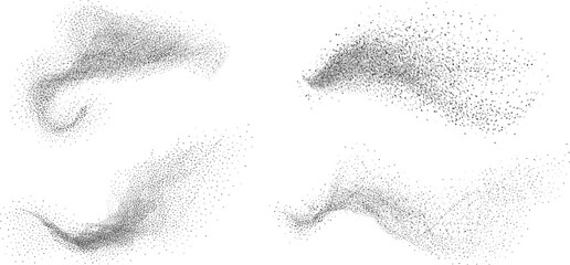 Collection of shapes featuring noise grain texture stains, black and white dotted spray shades, and sand dust spots. A set of halftone splatter forms forming dark lack stipple grain smoke or steam.