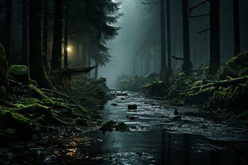 Water flows through a foggy forest at night, creating an eerie atmosphere