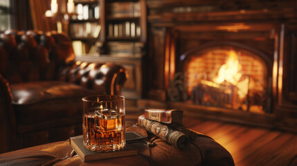 Fototapeta na wymiar This warm setting features an elegant whiskey glass, an open book, and vintage binoculars on a leather surface with a fireplace in the background