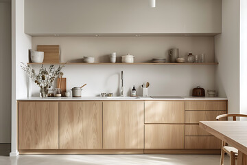 Fototapeta na wymiar Modern Kitchen With Wooden Cabinets and White Walls