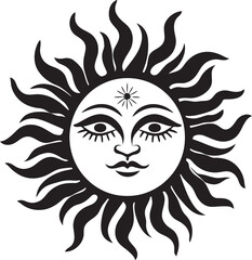 Radiant Rays Cartoon Sun with Face Vector Emblem Smiling Sol Hand Drawn Sun Black Logo Design