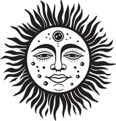 Cheerful Sunshine Hand Drawn Cartoon Black Logo Radiant Rays Cartoon Sun with Face Vector Emblem