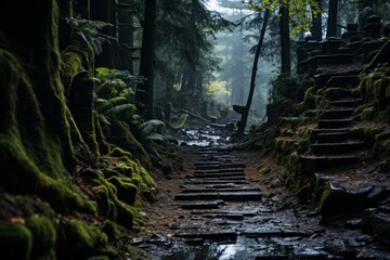 A mosscovered forest path with stairs, trees, and dark surroundings
