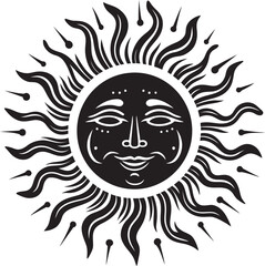 Sunny Expressions Cartoon Sun with Face Vector Icon Radiant Revelry Hand Drawn Sun Black Logo Design