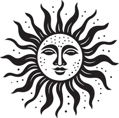 Sunburst Celebration Hand Drawn Cartoon Vector Logo Glowing Glee Cartoon Sun with Face Black Icon