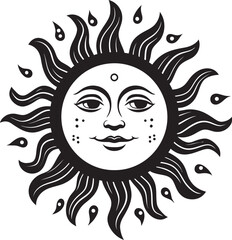 Sunburst Bliss Hand Drawn Cartoon Vector Logo Glowing Grin Cartoon Sun with Face Black Icon