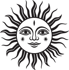 Glowing Grin Cartoon Sun with Face Black Icon Joyous Glow Hand Drawn Sun Logo Design