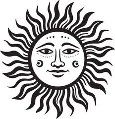 Sunburst Celebration Hand Drawn Cartoon Vector Logo Glowing Grin Cartoon Sun with Face Black Icon