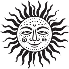 Cheery Sunshine Cartoon Sun with Face Vector Logo Sunbeam Symphony Hand Drawn Sun Black Emblem Design