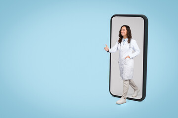 Confident young woman doctor give hand for handshake, walking out big phone screen, blue background, collage, copy space