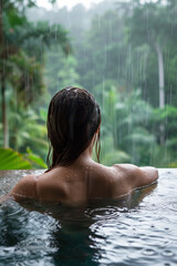 Happy woman in swimming pool enjoying warm tropical rain falling on her