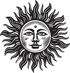 Sunbeam Symphony Hand Drawn Sun with Face Emblem Icon Gleaming Grin Cartoon Vector Black Emblem