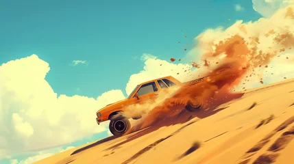Papier Peint photo Lavable Voitures de dessin animé Jumping car in desert
